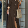 Women's Navy A-Line Maxi Shirt Dress with Chest Pocket – Button-Front Collared, Machine Washable Elegant Spring/Summer Wedding Guest & Work Dress