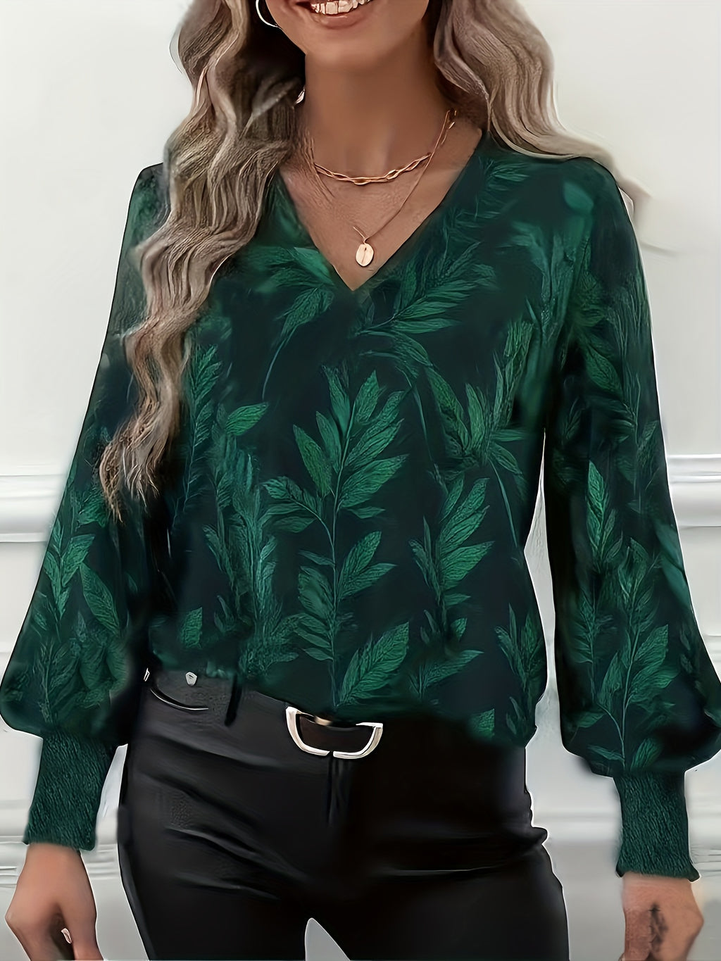 Women's V-Neck Long Sleeve Leaf Print Smock Blouse - Wrinkle-Resistant Button-Front Tunic for Spring & Fall Office, Wedding, Party