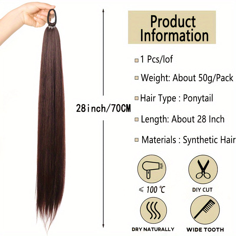 28-inch (71 cm) Long Straight Synthetic Ponytail Extension with Elastic Band - Black Heat-Resistant Soft Fiber