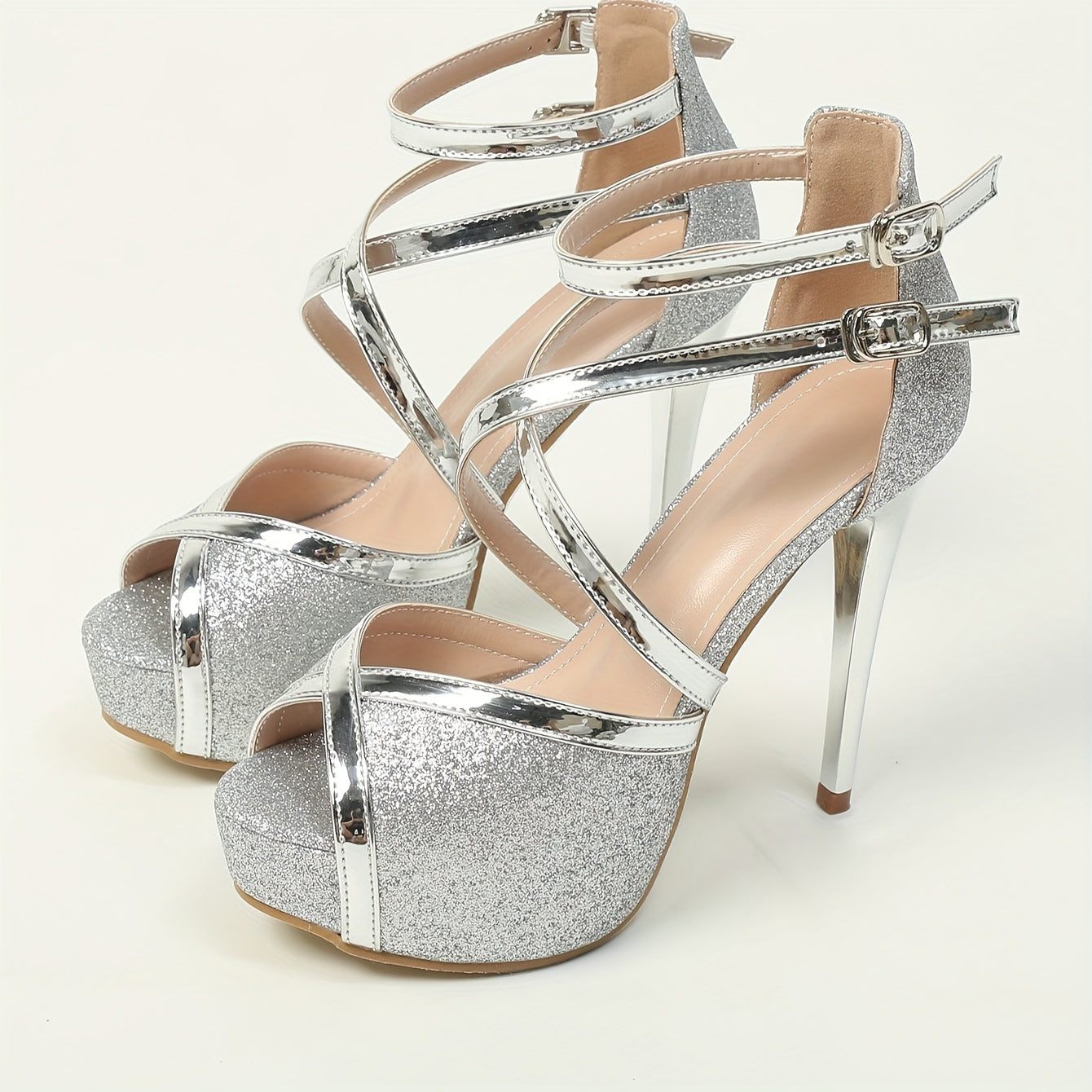 Glitter D'Orsay Stiletto Heels with Ankle Strap, Chunky Platform, Round Toe Pumps