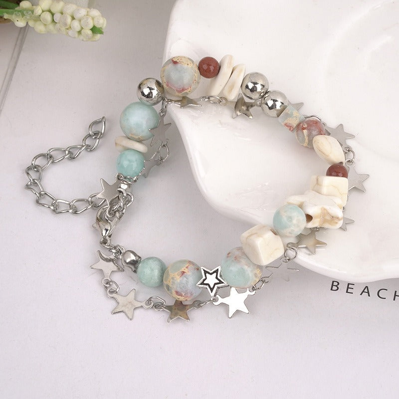 Women's Bohemian Double-Layer Starfish & Agate Beaded Bracelet - Adjustable Lobster Clasp, Natural Stone October Birthstone, Turquoise Green Red Brown Gold-Tone