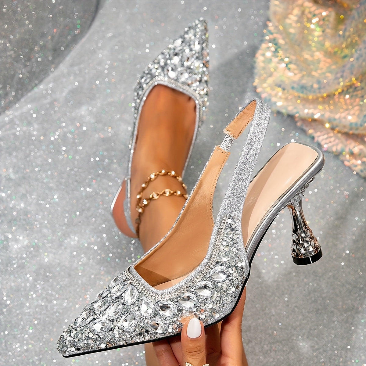 Women's Silver Pointed Toe D'Orsay High Heels - Rhinestone & Pearl Embellished Flare Heel Evening Pumps
