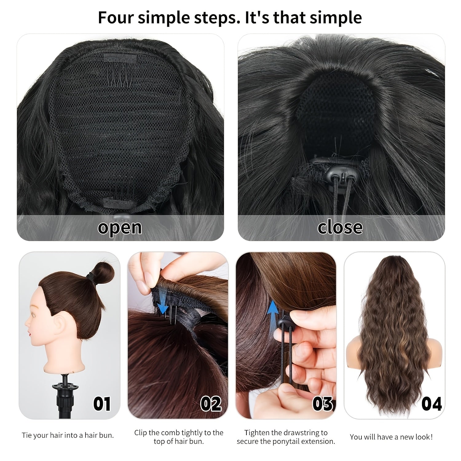 Women's Water Wave Clip-In Ponytail Extension — Long Afro Curly Fluffy Drawstring & Clip-On Synthetic Hair for Volume & Length