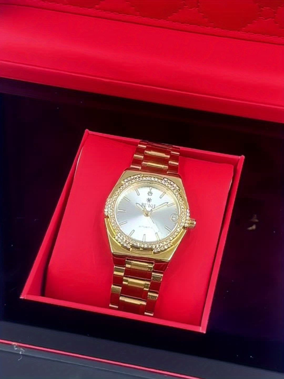 Automatic Mechanical Women's Watch — Rhinestone Dial, Calendar, Luminous Hands, Battery-Free, Stainless Steel Band