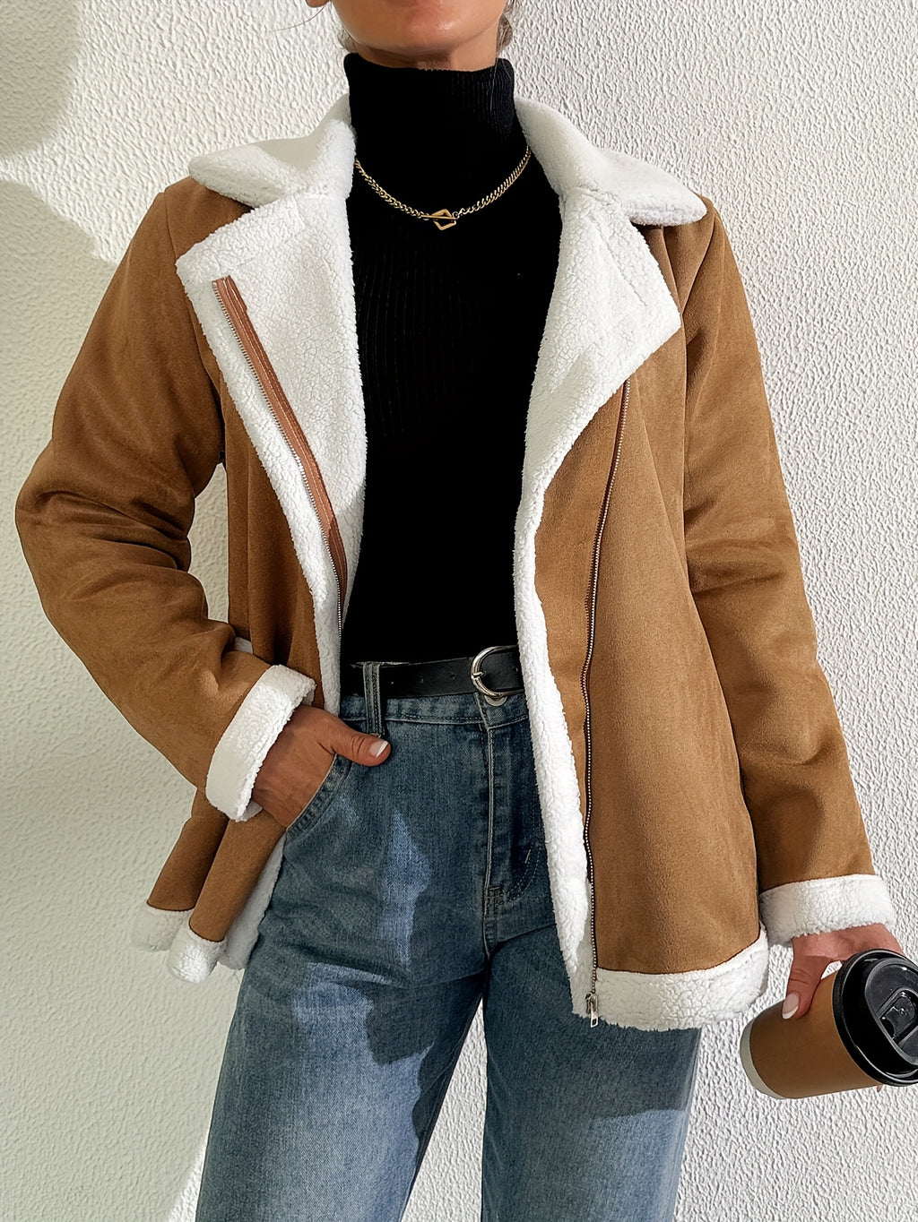 Women's Faux Fur Trim Jacket – Minimalist Elegant Faux Leather Outerwear, Warm & Machine Washable