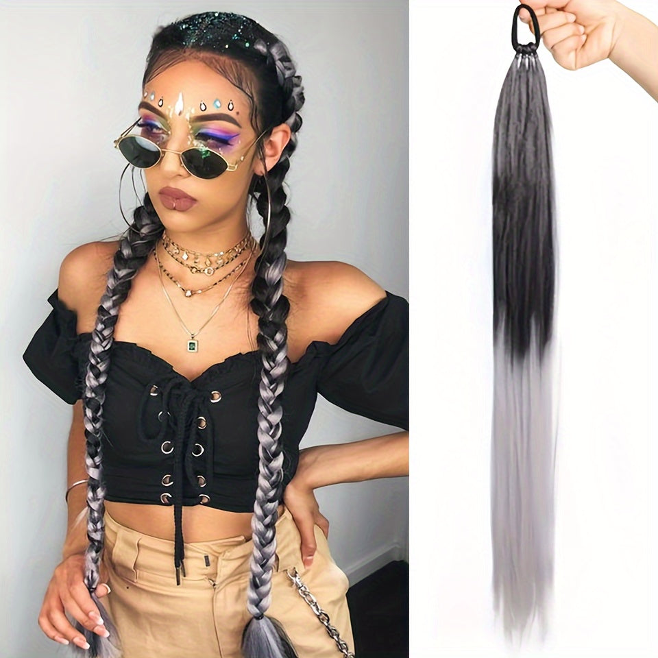 28-inch (71 cm) Long Straight Synthetic Ponytail Extension with Elastic Band - Black Heat-Resistant Soft Fiber