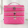 Large Capacity Black Rhombus Travel Organizer Bag – 3-Tier Double-Layer Makeup Case with Gold Zippers