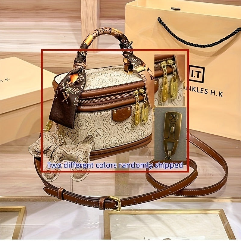 Women's Beige PVC Bucket Handbag with Gold-Tone Hardware, Detachable Chain Accent, Adjustable Crossbody Shoulder Strap, Zipper Tote Purse for Weddings & Parties