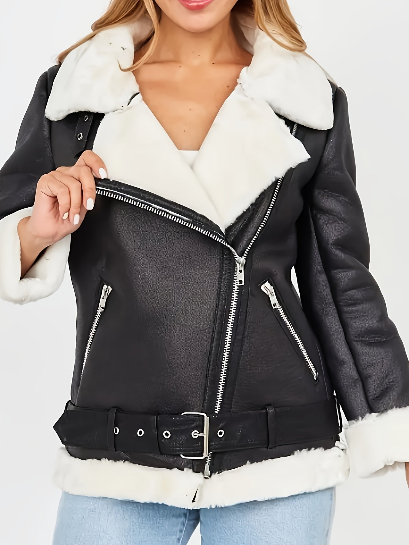 Women's PU Leather Motorcycle Jacket with Faux Fur Collar — Fleece-Lined Black Zip-Up, All-Season Casual