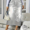 Butterfly Print High-Stretch Knit Bodycon Midi Skirt with Faux Pockets