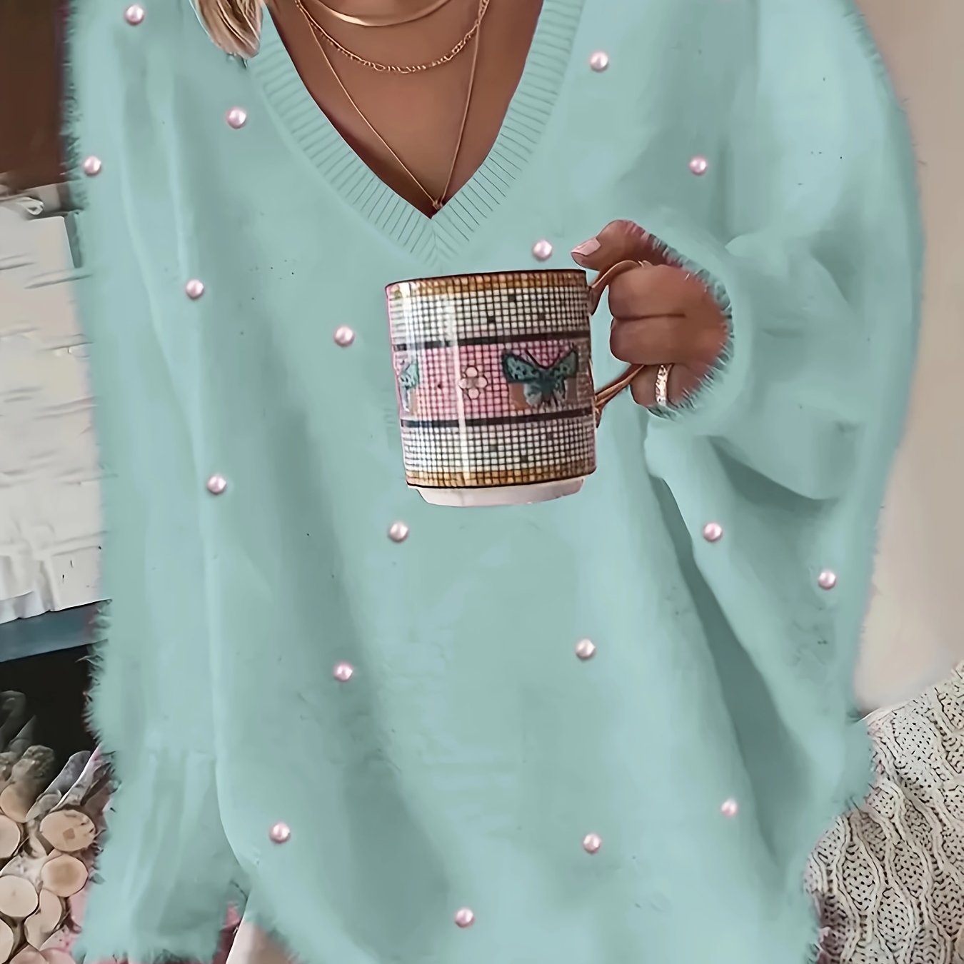 Plus Size V-Neck Sweater – Yellow Geometric Knit with Pearl Buttons & Fleece-Lined Cuffs, Asymmetrical Hem