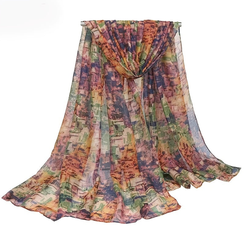 Vintage Paisley Ombre Scarf – Long 180 x 70 cm (70.85 x 27.5 in) Polyester Shawl for Women, Brown-to-Blue Geometric Floral Print