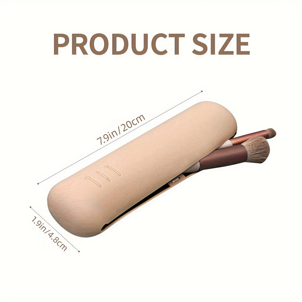 Beige Silicone Travel Makeup Brush Holder - Magnetic Closure, Anti-Fall Portable Makeup Brush Organizer