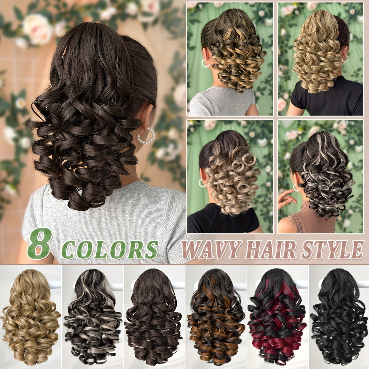 Women's 12-Inch Deep Wave Heat-Resistant Synthetic Claw Ponytail Hair Extension, Curly Clip-In, Multiple Colors (Black, Brown, Blonde, Red, Gray, Beige, White)