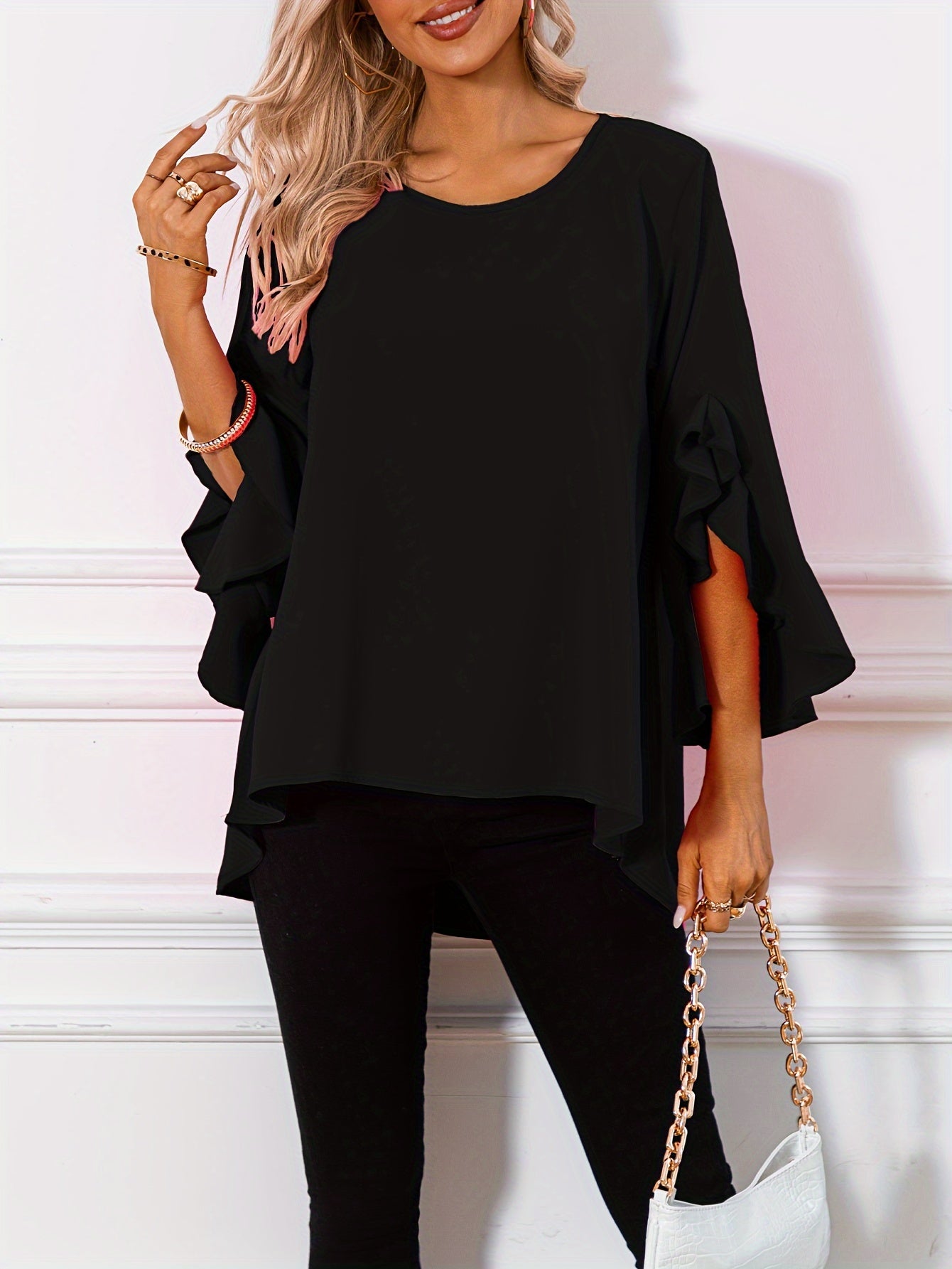 Women's Solid Crew Neck Ruffle Sleeve Blouse – Elegant Spring & Summer Woven Top
