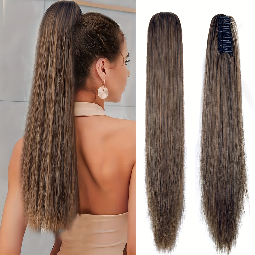 22-Inch (56 cm) Straight Synthetic Ponytail Extension with Claw Clip - Heat-Resistant Black & White Hairpiece for Women