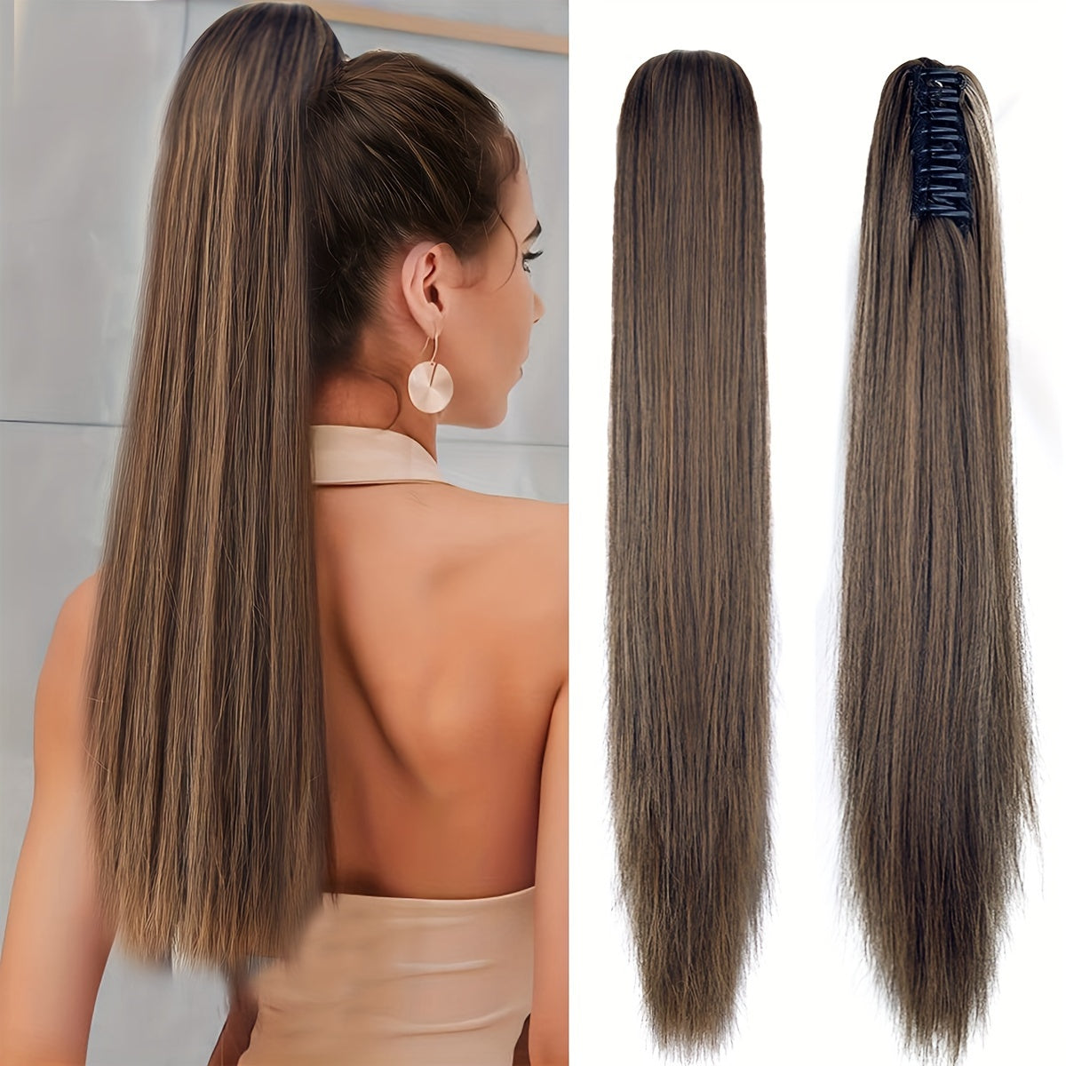 22-Inch (56 cm) Straight Synthetic Ponytail Extension with Claw Clip - Heat-Resistant Black & White Hairpiece for Women