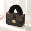 Women's Vintage Faux Fur Shoulder Bag – Geometric Pattern, Removable Strap, Secure Buckle Closure (White, Black, Khaki)