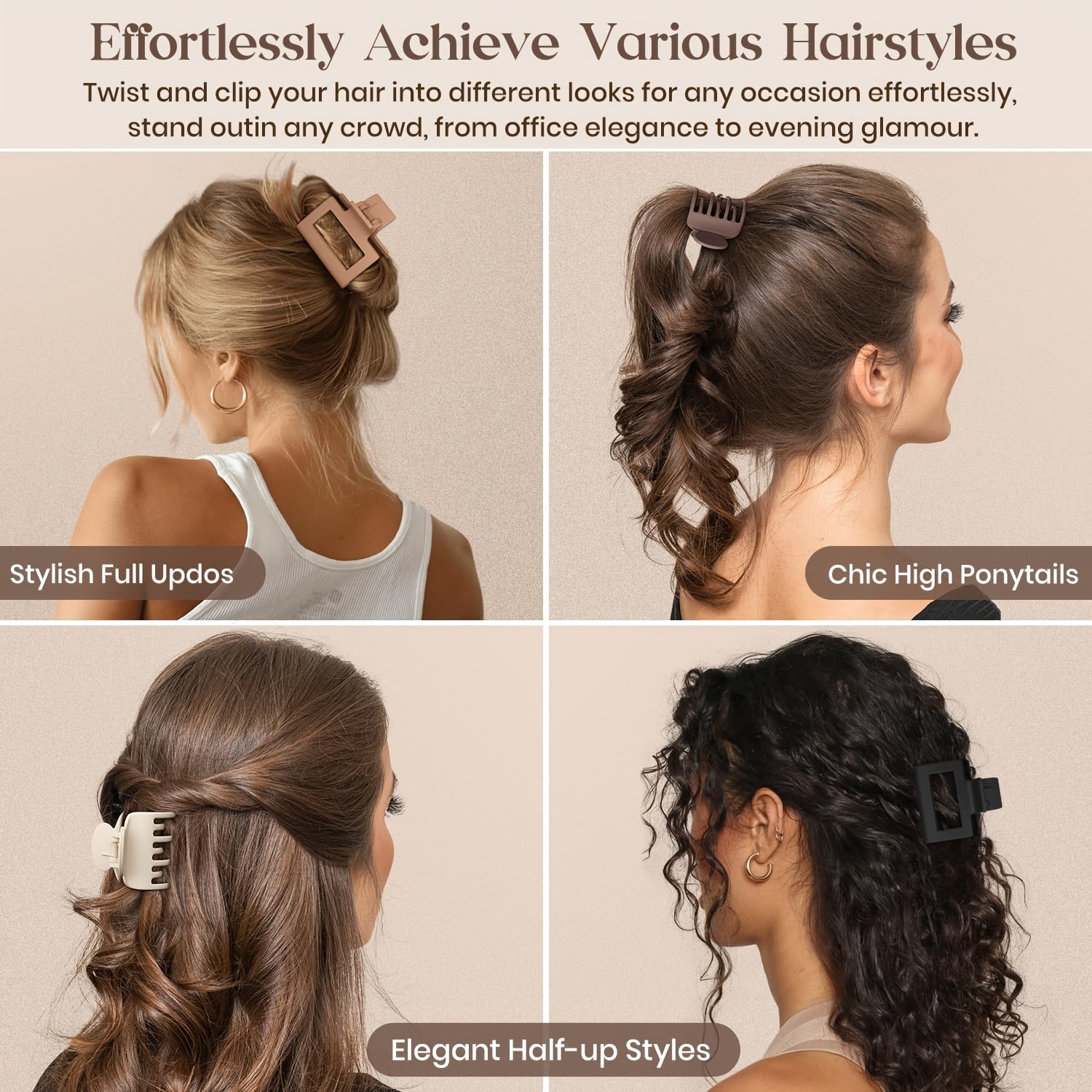 Medium 1.6 in (4.1 cm) Matte Rectangle Double-Row Hair Claw Clips for Thin to Medium Fine Hair – Non-Slip Jaw, Smooth Grip, 4-Pack or 8-Pack