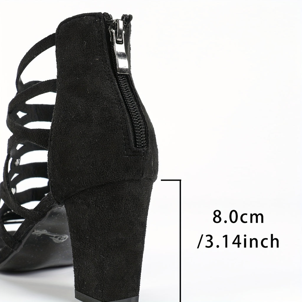 Women's Black Diamond Back Zip High Heel Strap Sandals – Round Toe Block Heel, Microfiber Upper & Insole, Rubber Sole