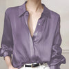 Women's Black Satin-Finish Button-Up Shirt, 100% Polyester Long Sleeve, Regular Fit, Machine Washable