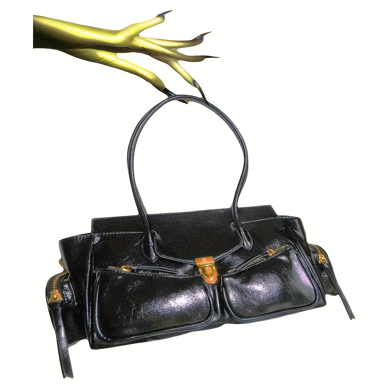 Retro French Baguette Bag - Faux Leather Kiss Lock Clutch with Long Shoulder Strap & Multi-Pocket Crossbody (Black, Dark Brown)