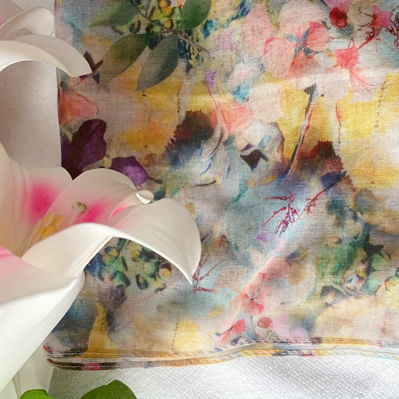 Bohemian Floral Sheer Scarf for Women, Lightweight Polyester Bali Yarn Shawl, Handwash or Dry Clean