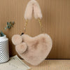 Plush Heart-Shaped Faux Fur Shoulder Bag with Pom-Pom Wristlet - Zipper Closure Cozy Winter Handbag (Beige, Pink, White, Red, Black)