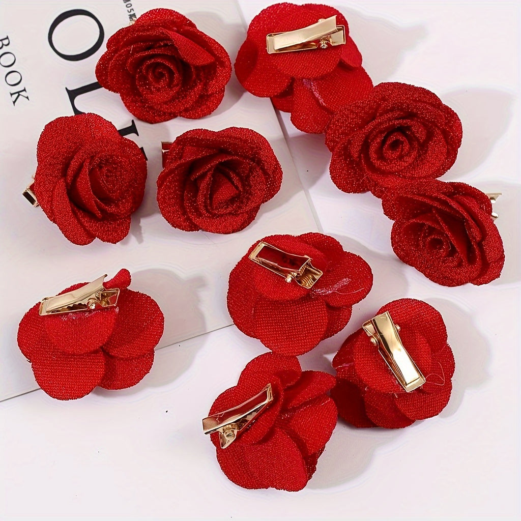10-Pack Red Fabric Rose Hair Clips – Romantic Bridal, Wedding & Valentine's Day Floral Headwear
