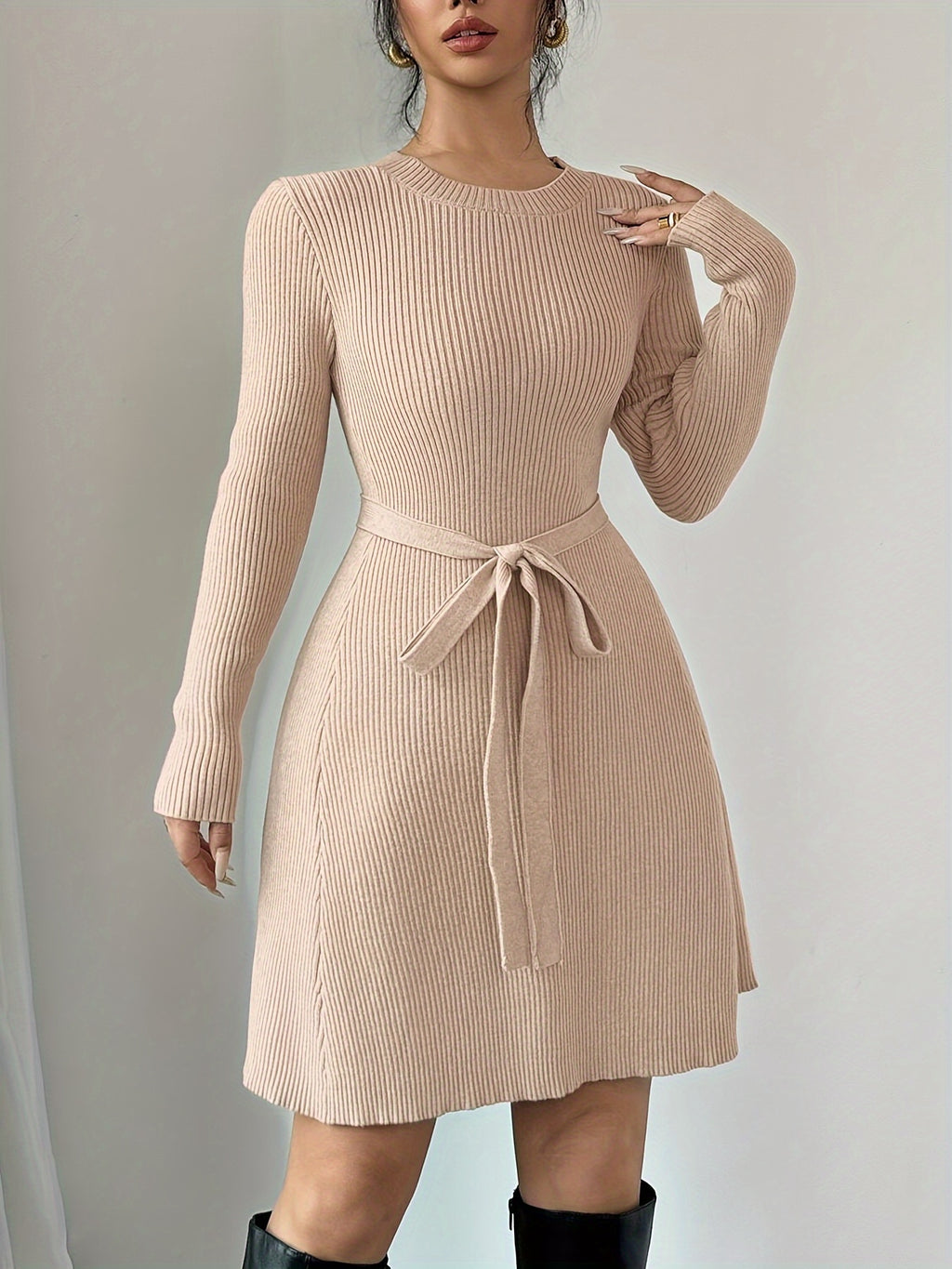 Lace-Up Knit Sweater Dress - Long Sleeve Cozy A-Line Pullover for Women