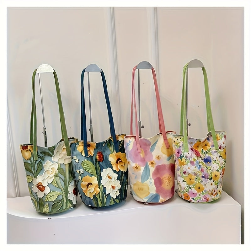 Women's Floral Bucket Handbag - Large Capacity Oxford Tote with Oil Painting Flower Design, Buckle Closure & Fixed Shoulder Strap (Black, Blue, Green)
