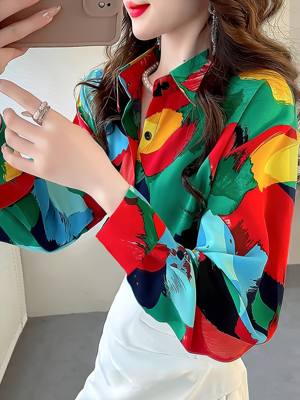 Women's Geometric Print Button-Up Blouse - Long Sleeve Lapel Collar Color Block Top for Casual & Formal Wear