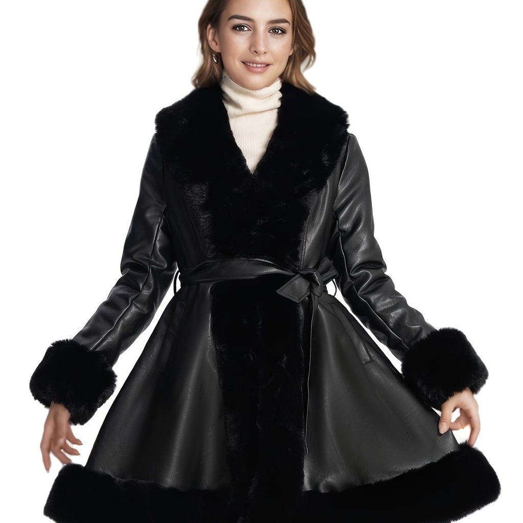 Women's Midi Faux Fur-Lined Faux Leather Belted Coat, Elegant Winter Long Sleeve Jacket
