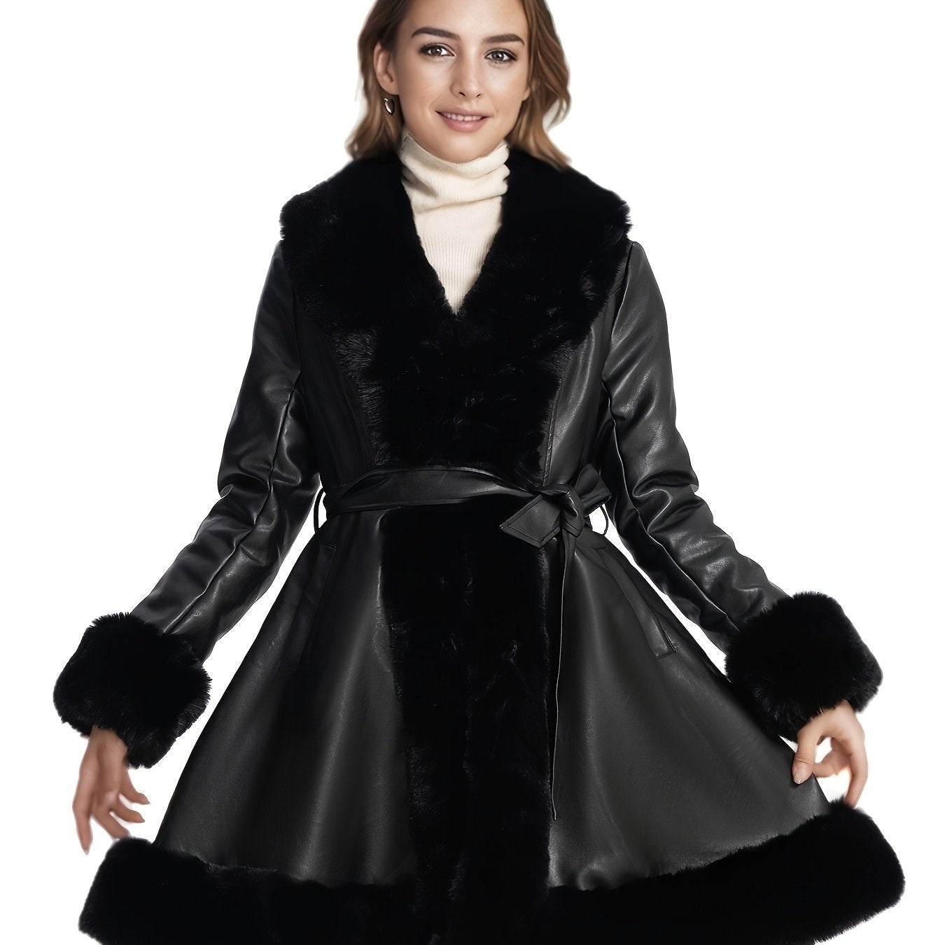 Women's Midi Faux Fur-Lined Faux Leather Belted Coat, Elegant Winter Long Sleeve Jacket