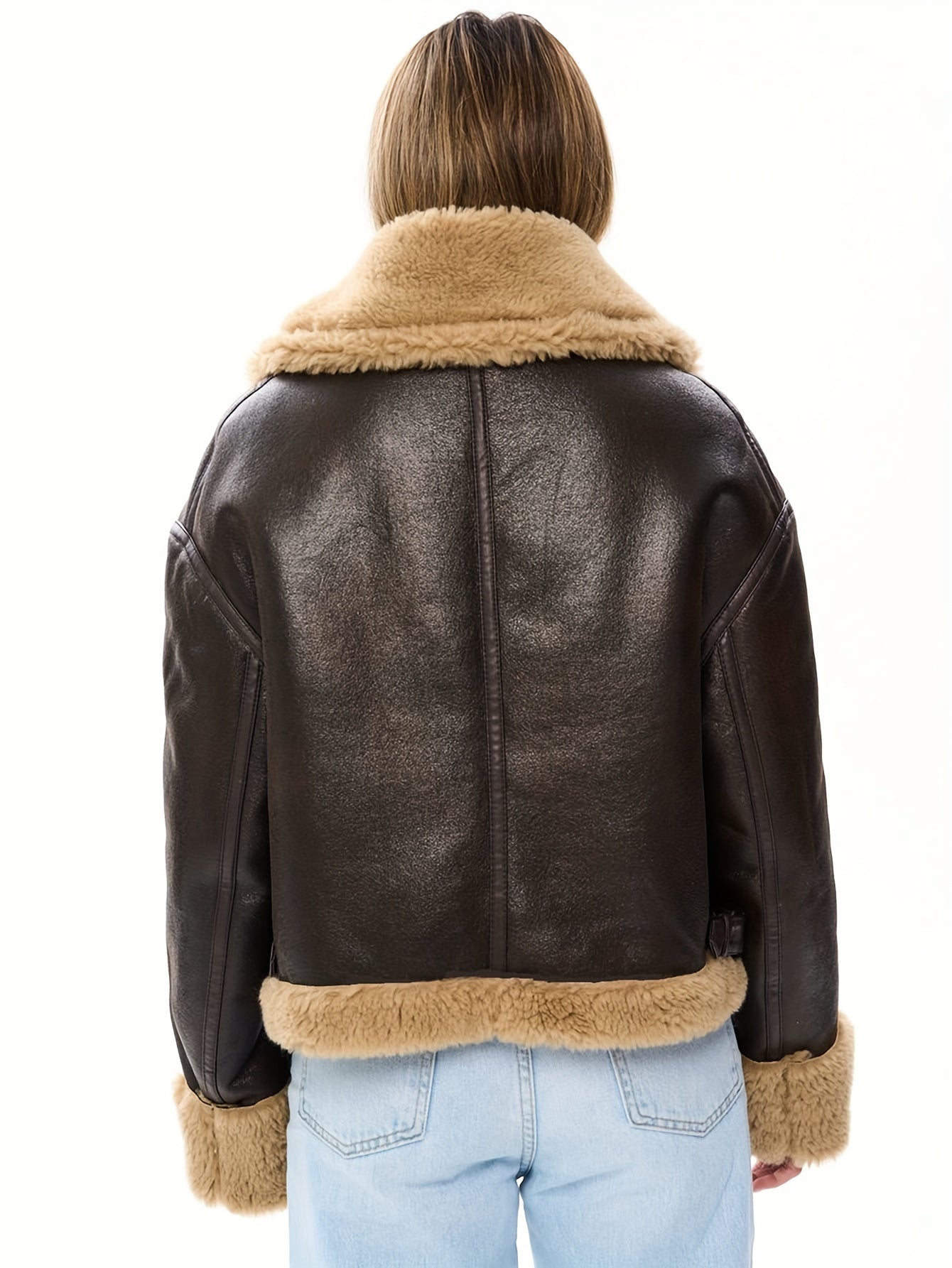 Women's Faux Leather Biker Jacket with Faux Fur Lining – Warm Winter Coat