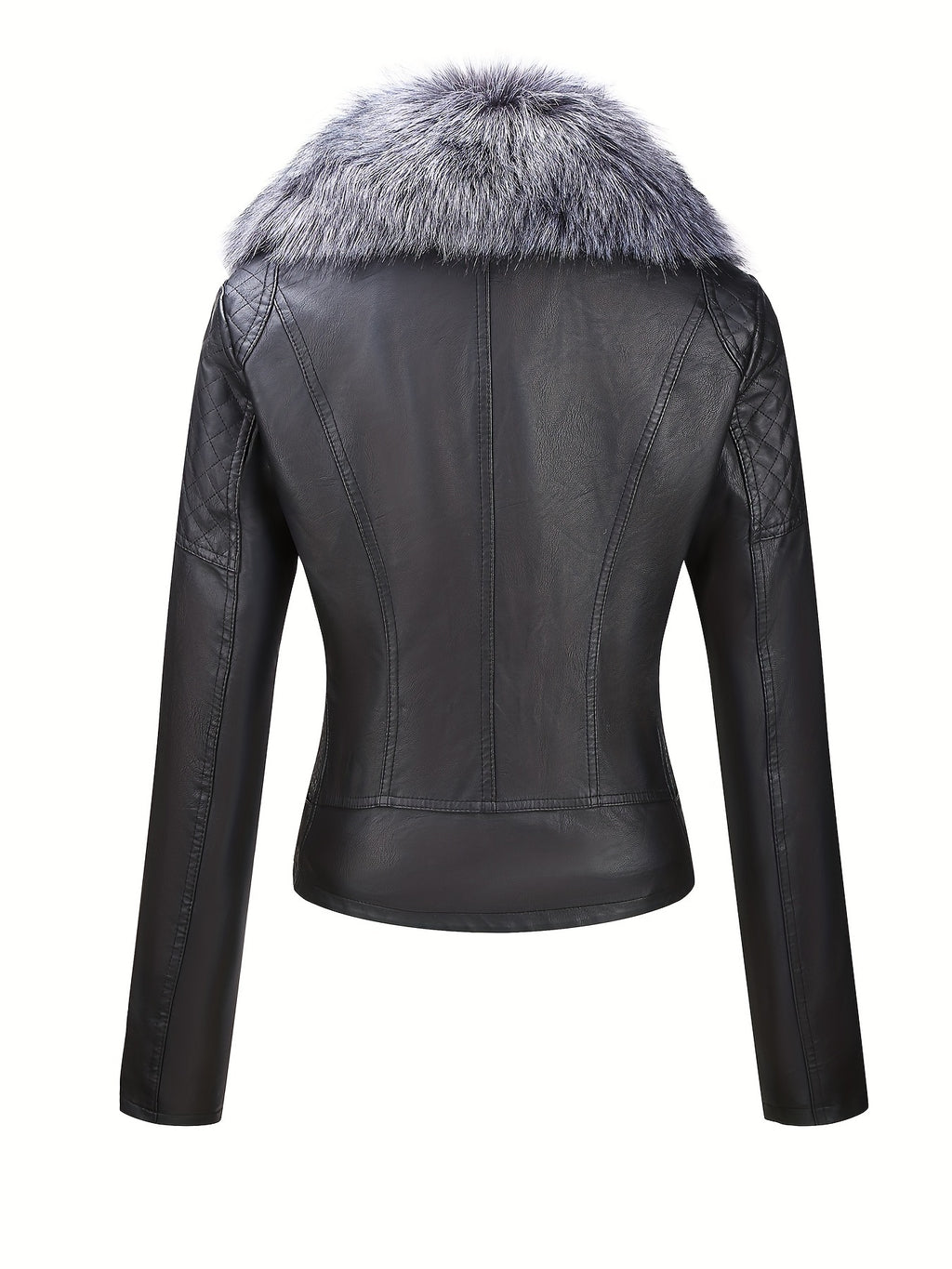 Women's Faux Leather Jacket with Removable Faux Fur Collar, Knit Panels, Zipper Front, Polyester Lined for Fall Winter