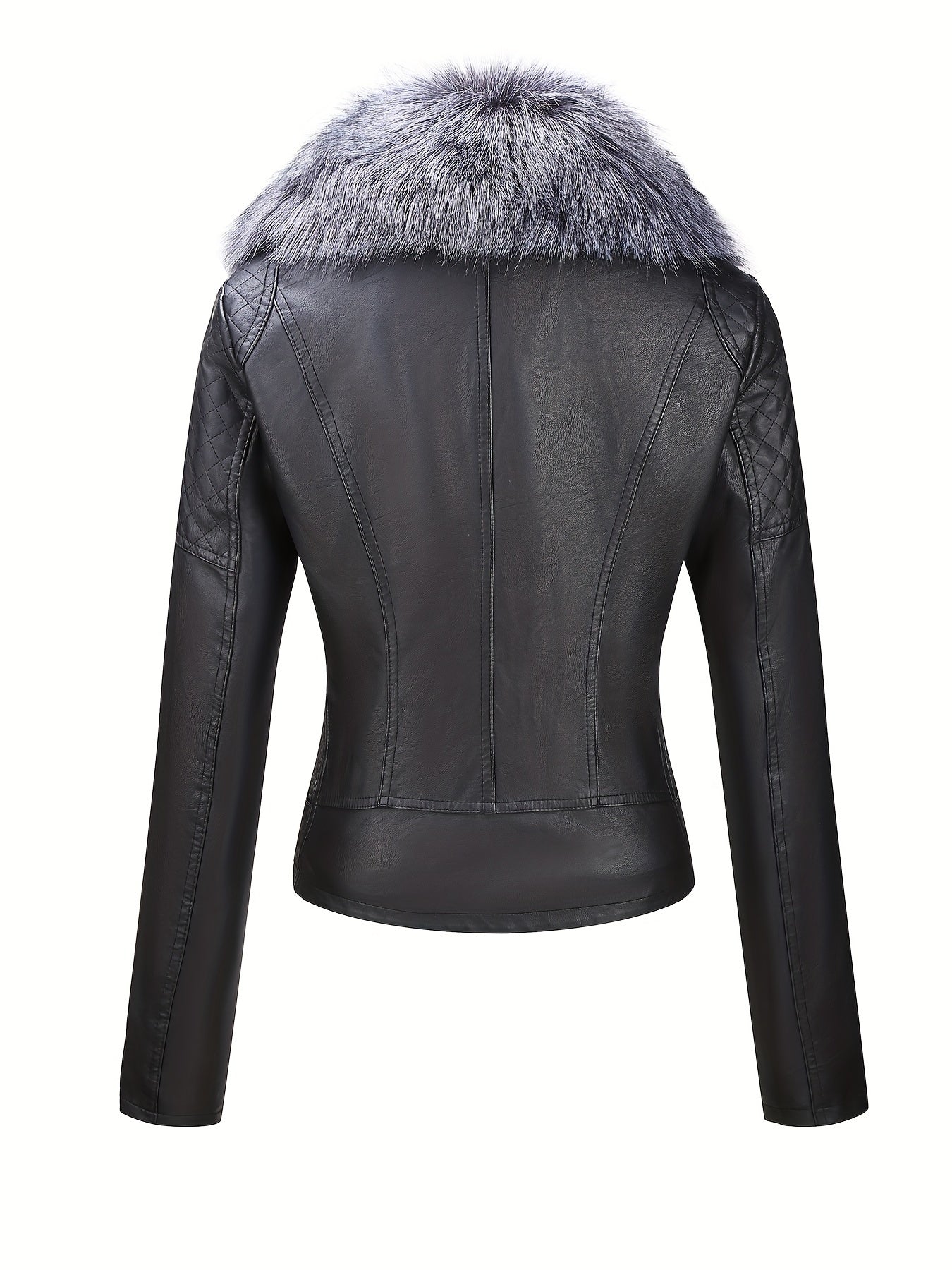 Women's Faux Leather Jacket with Removable Faux Fur Collar, Knit Panels, Zipper Front, Polyester Lined for Fall Winter