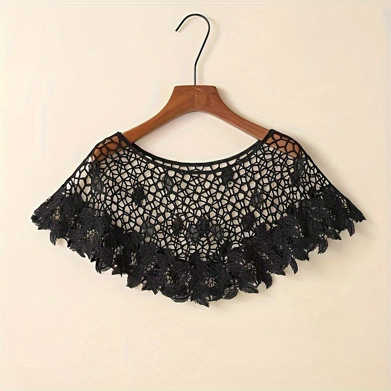 Hollow-Out Lace Pullover Shawl Cape – Lightweight Monochrome Summer Knit Poncho