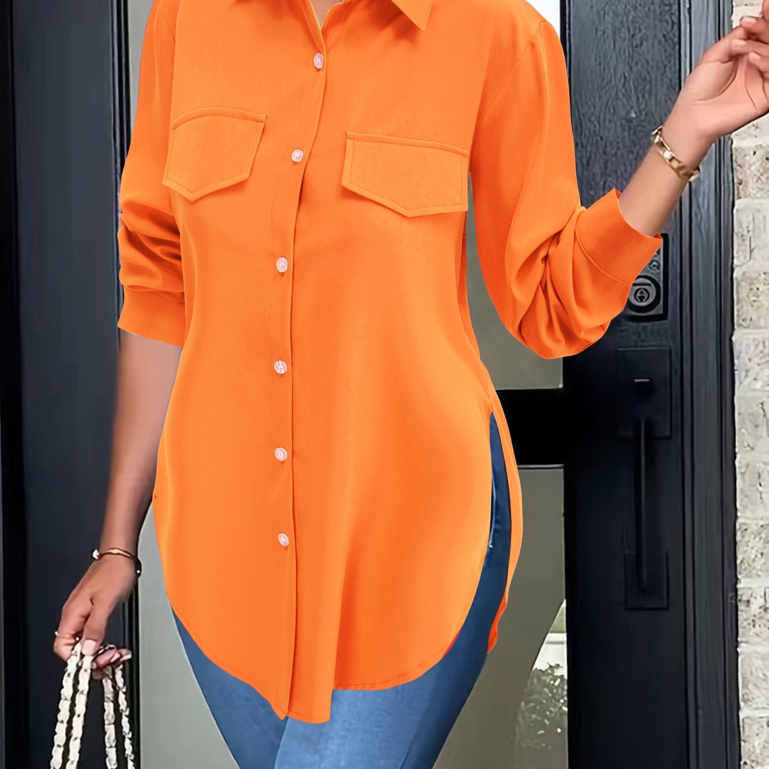 Women's Lapel Collar Button-Front Shirt — Solid Woven Blouse, Lightweight Semi-Sheer All-Season Casual Top