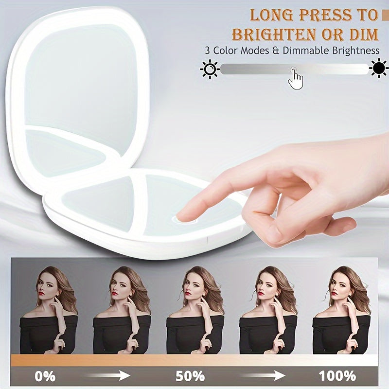 Foldable LED Travel Makeup Mirror - Double-Sided 1X/2X/3X Magnification, Adjustable Brightness, Rechargeable USB Pocket Mirror