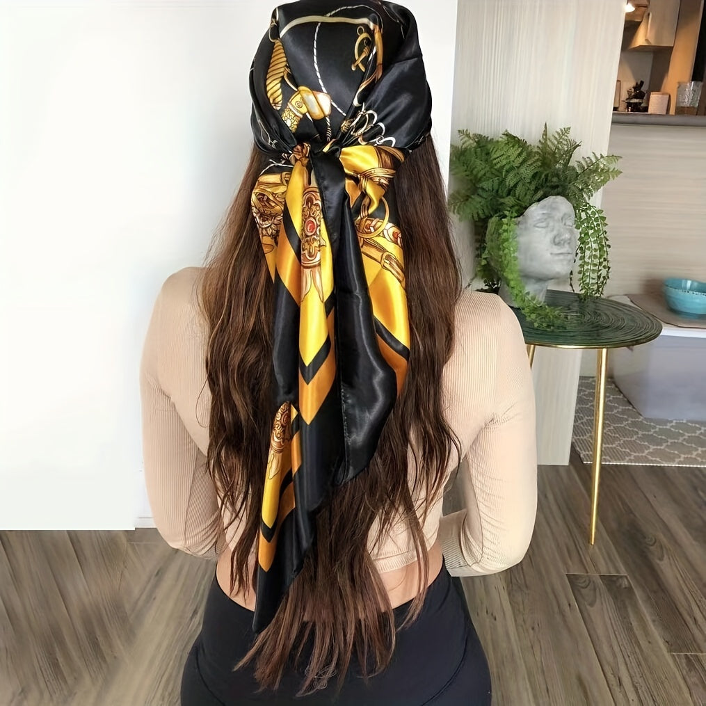 Black & Yellow Printed Square Scarf — Lightweight Women's Square Shawl, Hand-Washable Headwrap & Windproof Fashion Accessory