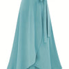 Plus Size Cotton Midi Skirt — High-Waist Slit with Side Knot, Slight Stretch, Machine-Washable