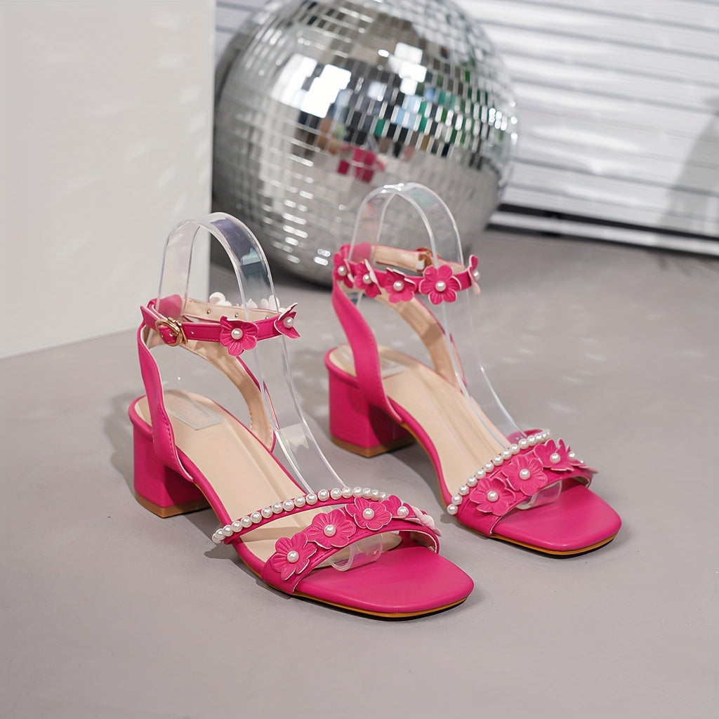 Women's Pearl Embellished Block Heel Sandals – Ankle Strap Open Toe Mid Heel Party & Formal Shoes