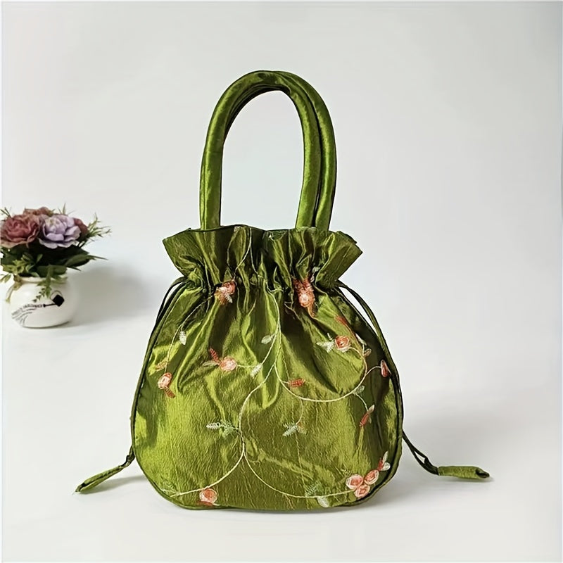 Elegant Floral Embroidered Drawstring Clutch – Cute Bucket Purse with Polyester Lining for Coins & Phone (Multiple Colors)