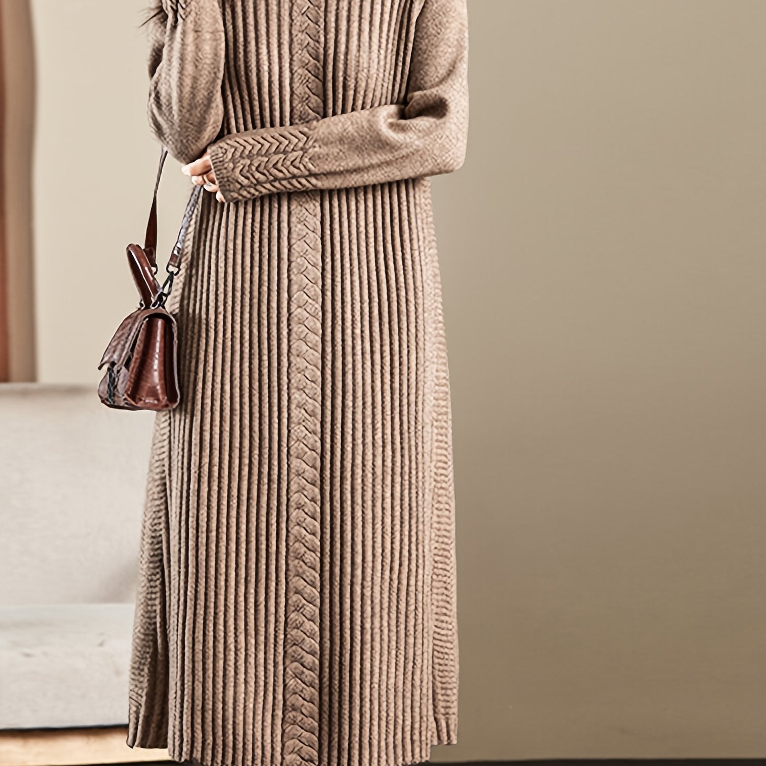 Women's High Neck Long Sleeve Knit Midi Dress - Soft Acrylic Blend, Regular Fit