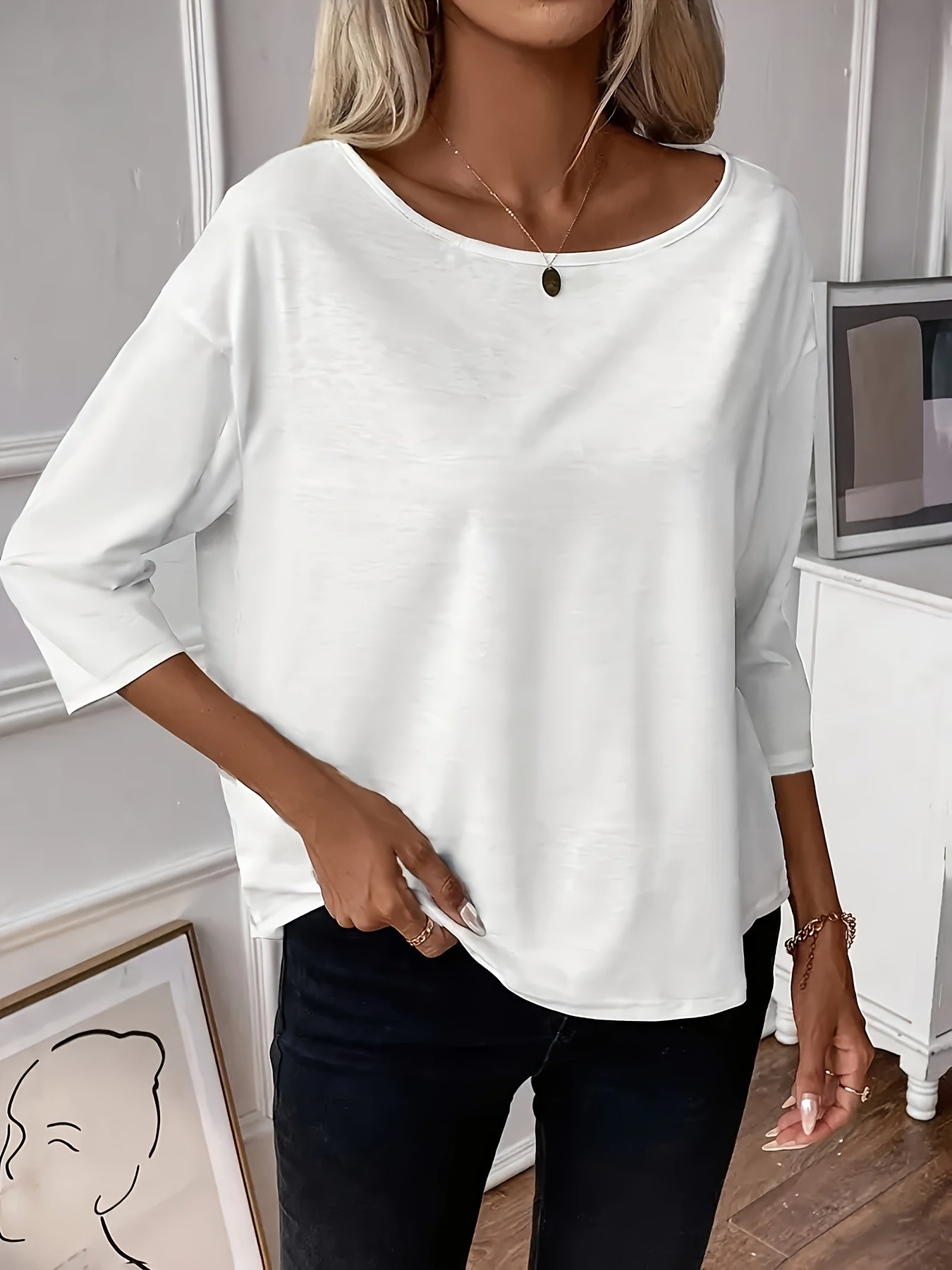Women's Solid Crew Neck Blouse — Adjustable 3/4 Sleeve Elegant Woven Top for Spring & Fall