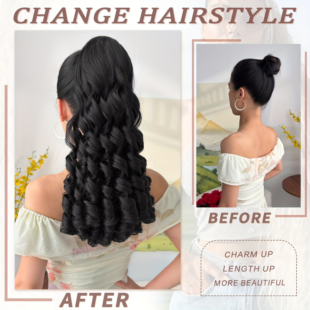 20" (50 cm) Deep Wave Drawstring Ponytail Extension – Clip-In Synthetic Hair in Burgundy, Red, Black, Brown, Blonde