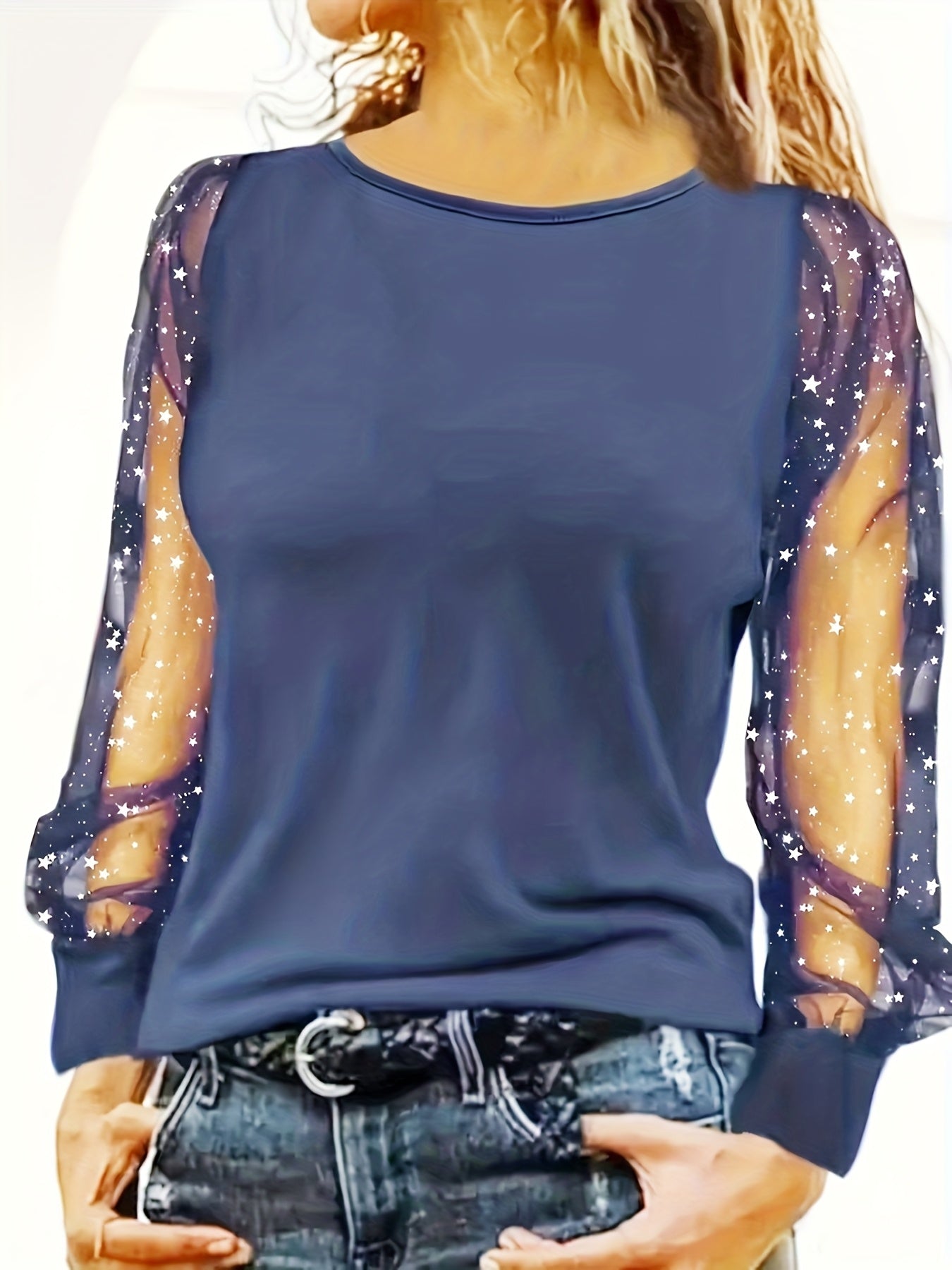 Women's Navy Long-Sleeve Blouse with Sequin Sleeve Trim - Stretchy Knit Crew Neck Top, Machine Washable for Office & Party