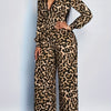 Elegant Leopard Print Jumpsuit – V-Neck Long Sleeve Wide-Leg Romper with Lace Trim & Invisible Zipper, Machine-Washable Party & Wedding Outfit