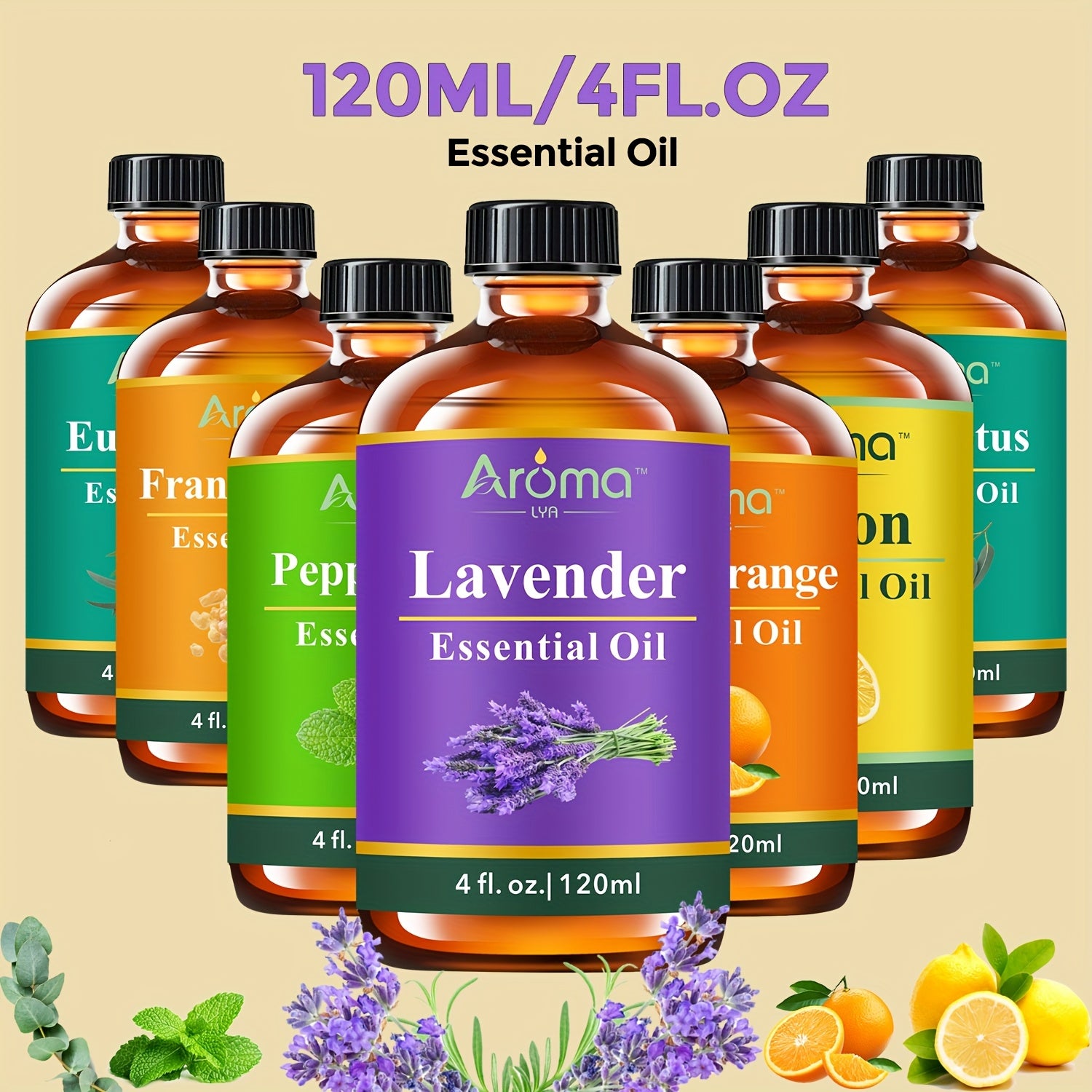 4 fl oz (118 ml) Natural Essential Oil Set – Lavender, Eucalyptus, Frankincense, Lemon, Sweet Orange, Peppermint – Aromatherapy Oils for Diffusers, Candles, Soap Making & Car Freshener